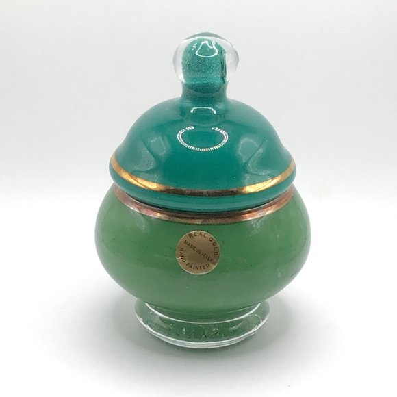 Source Unknown Other - Green Glass Apothecary Jar Made in Italy Gold Trim Handpainted